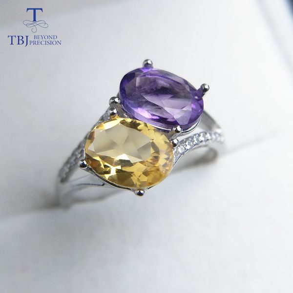 

tbj, natural brazil citrine and amethyst oval cut 6*8mm gemstone ring in 925 sterling silver fine jewelry for lady with gift box, Black
