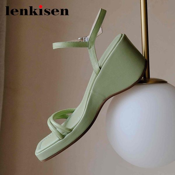 

lenkisen genuine leather korean girls thick bottom wedges square toe high heels beauty lady fashion summer sandals women l12, Black