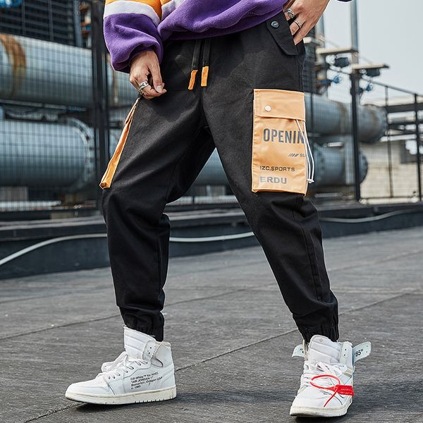 

men's spring autumn tide brand street hip hop cotton beam multi-pocket overalls new fashion small feet casual pocket harem pants, Black
