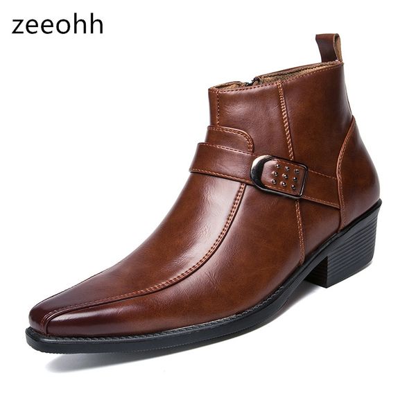 

zeeohh autumn new leather zipper men shoes ankle increase leather botas high shoes outdoor casual men spring botas, Black