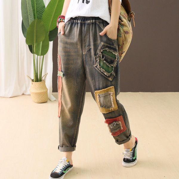 

autumn spring ladies jeans retro elastic waist loose denim cotton pants streetwear patchwork female casual trousers 2019, Blue