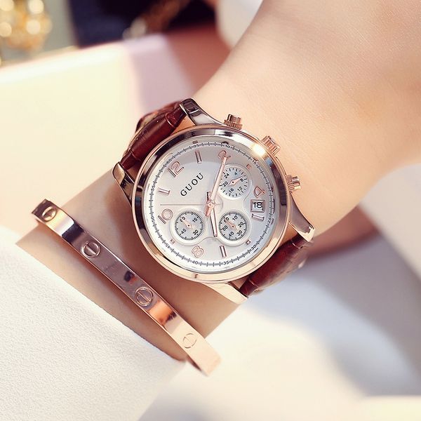 

ретро кожа часы повседневная мода три глаз с календарем классический корейский стиль большой набор номера моды womens watch, Slivery;brown