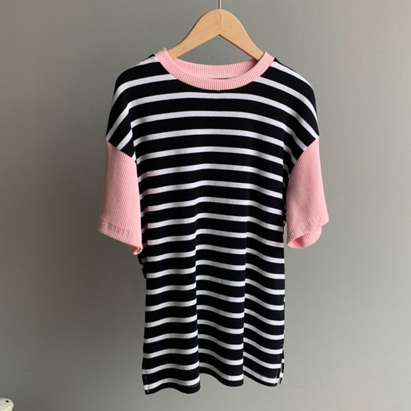 

ewq] 2020 summer short sleeve o neck panelled striped design women t shirt korea loose pullover knit thin t-shirt, White