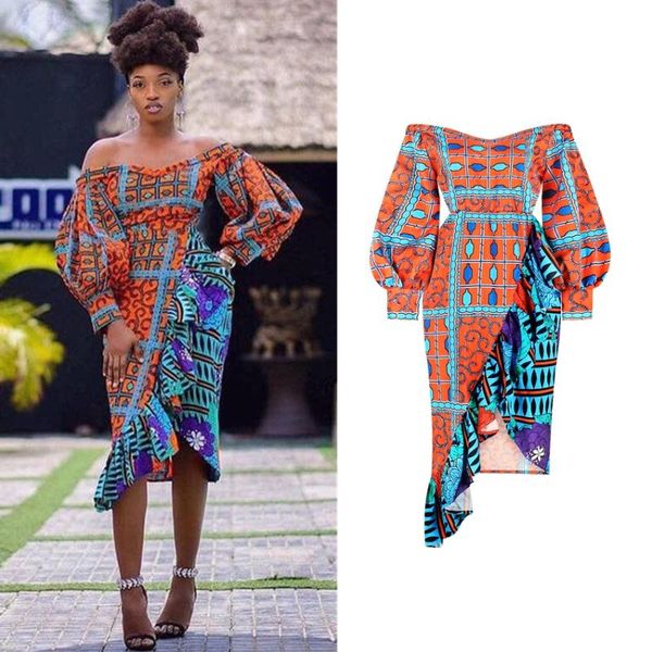 

ethnic clothing long sleeve dress african amercian dresses women elegant off shoulder dashiki floral print bazin hip irregular skirt, Red