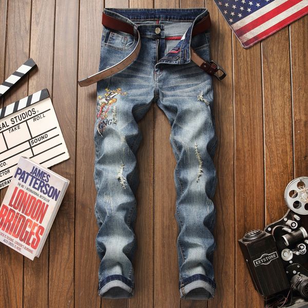 

2019 new mens embroidery ripped trousers slim fit large size pencil all seasons erban wind locomotive pants, Blue