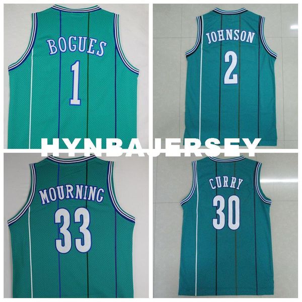 

#1 muggsy bogues #2 larry johnson #33 alonzo mourning #30 dell sc retro green jersey, retro retro basketball jersey ncaa college, Black;blue