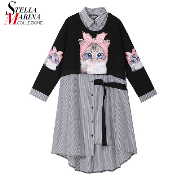 

new 2019 women autumn winter kawaii cartoon shirt dress cat print long sleeve lady casual cute midi dress robe femme style 3936, Black;gray