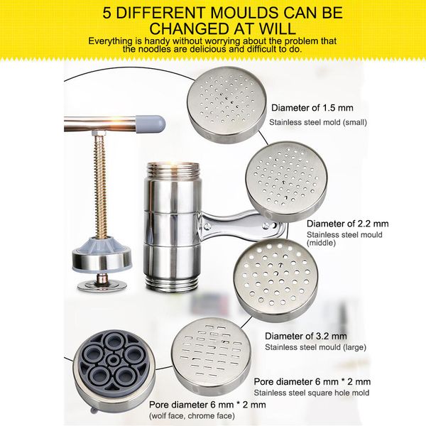 

stainless steel manual noodle maker household pastas making machine presse pasta machine fruits juicer 5 different molds