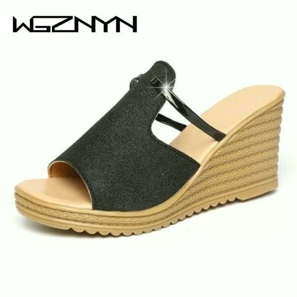 

wgznyn 2019 women glitter bling gold metallic sandals high heels ladies slippers wedge peep toe shoes summer sandals w2, Black