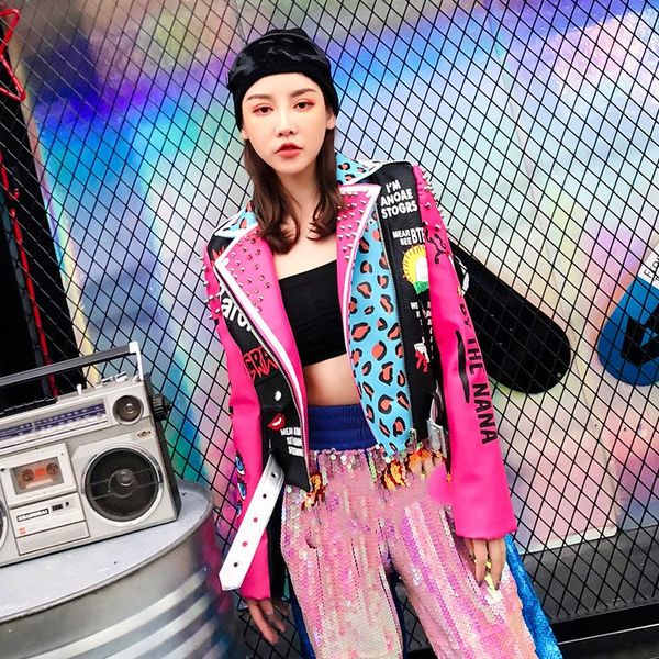 

women pink leopard pu jacket 2019 spring rivet jacket letter printing short women pu leather, Black