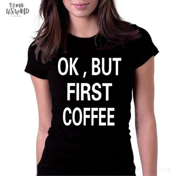 

women harajuku t shirt casual o neck knitted t shirt short sleeve ok v neck but first coffee printed, White