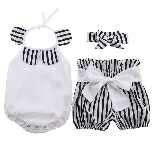 

3pcs 2019 new fashion clothing set baby girl sets romper+bow shorts +headband newborn baby spring summer baby girl clothes, Blue