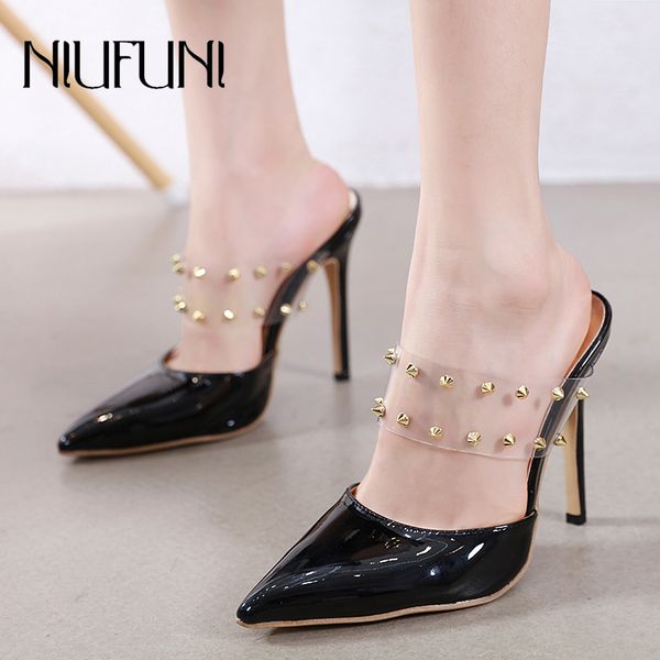 

pointed toe transparent rivet women's slippers sandals stiletto high heels women's slides shoes niufuni d'orsay shoes, Black