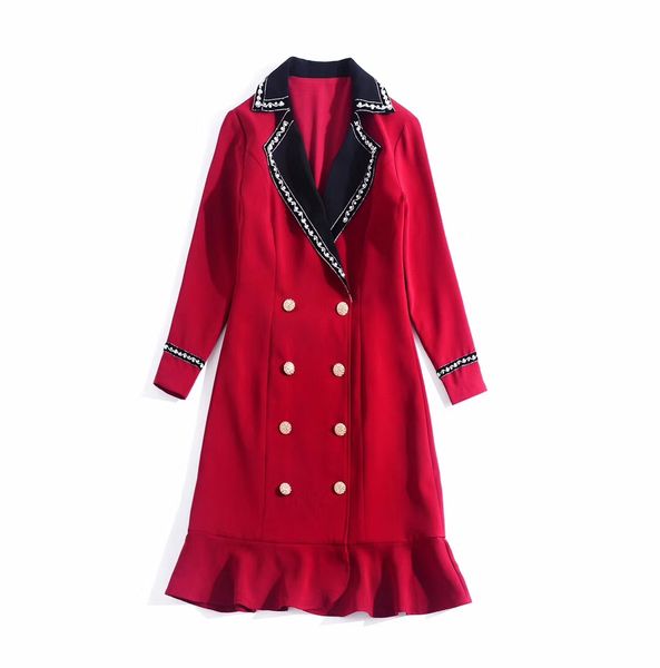 

european and american women's clothing 2019 winter new style long sleeve stand collar single breasted stud lapel fishtail red dress, Black;gray