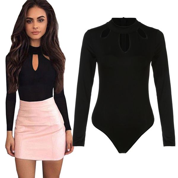 

womens o neck long sleeve bodysuit hollow out clubwear playsuit jumpsuit#15, Black;white