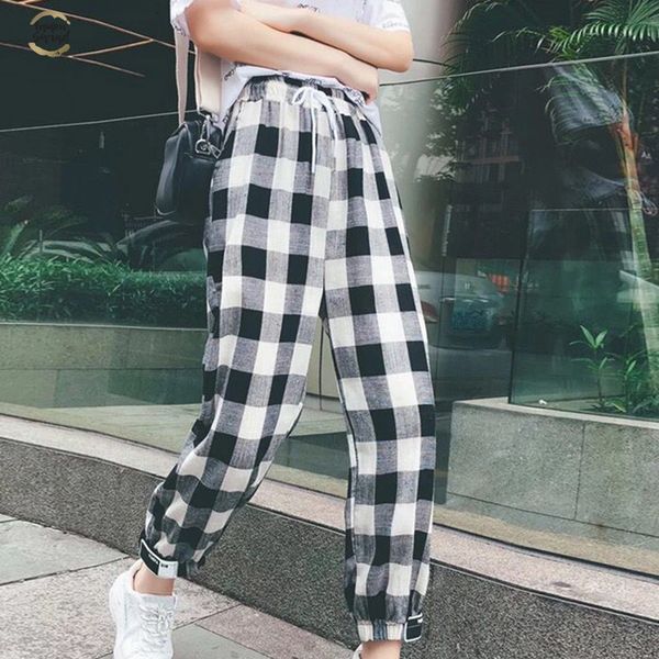 

white black plaid pants sweatpants women side stripe trousers casual cotton comfortable elastic pants joggers h9, Black;white