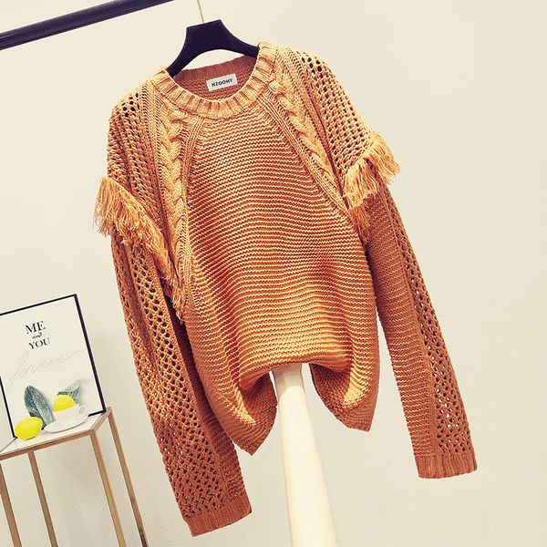 

autumn sweater new style women's wear round collar hollow fringed twist thick wool long sleeve knitted sweater women 2019, White;black