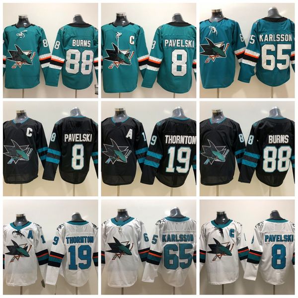 

san jose sharks 8 joe pavelski jersey 65 erik karlsson 19 joe thornton logan couture 88 brent burns 9 evander kane hertl green black hockey, Black;red