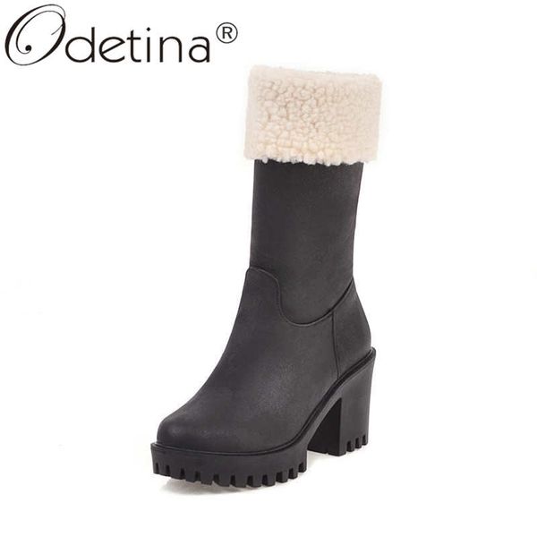 

odetina women non-slip turned-over edge round toe snow boots female side zipper keep warm block high heel zip up mid calf boots, Black