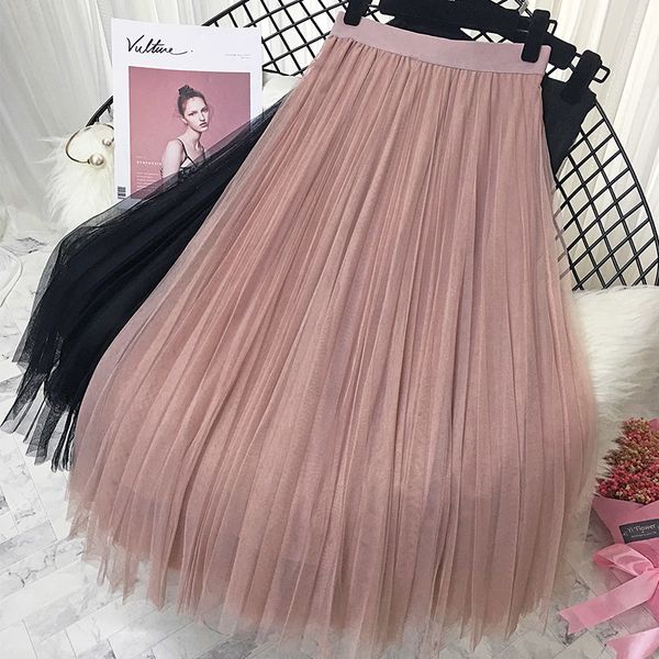 

2019 spring summer vintage skirts womens elastic high waist tulle mesh skirt long pleated tutu skirt female jupe longue, Black;gray