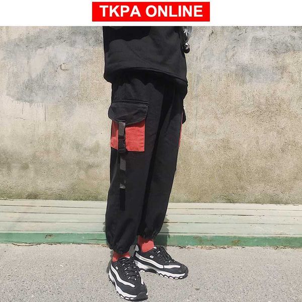 

men steetwear cargo pants 2020 overalls color block pockets joggers ribbons hip hop sweatpants baggy black trousers