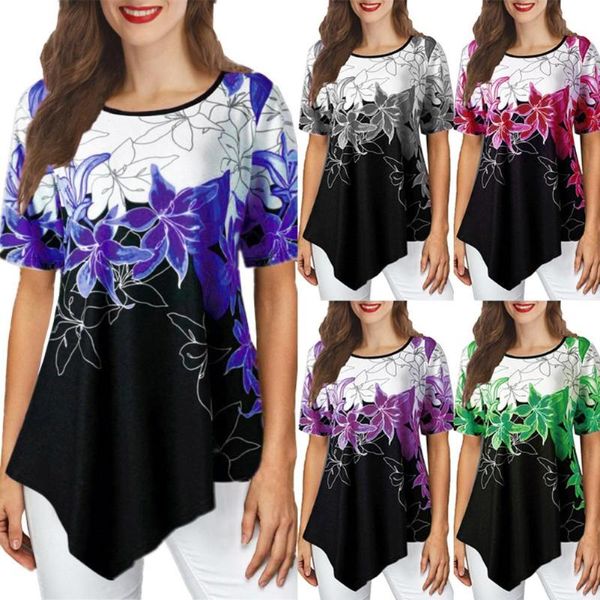 

summer vintage fashion women casual o neck short sleeve irregular hem floral print blouse loose clothing feminina new, White