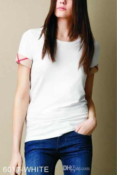 

2019 new summer womens cotton tshirts fashion plaid short sleece o-neck ladies tees brand 100% women's t-shirt, White