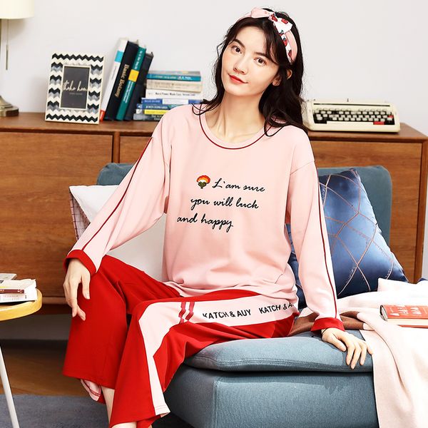 

new autumn pajamas for women knitted cotton pajama set homewear pijama mujer long sleeve casual soft big size female sleepwear, Black;red