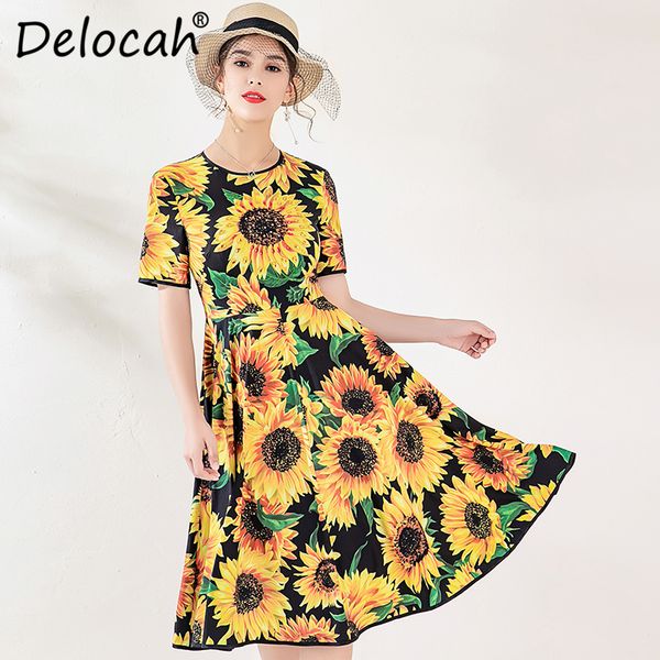 

delocah autumn winter dress runway fashion designer short sleeve gorgeous crystal sunflower printed elegant slim a-line dresses, Black;gray