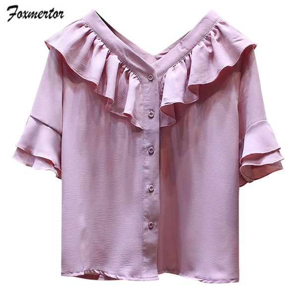 

foxmertor 2019 women's blouse summer fashion korean chiffon shirt women's v-neck splicewide loose short sleeve womens, White