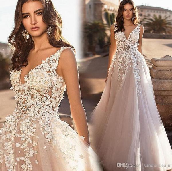 

summer beach elegant lace tulle wedding dresses deep v neck backless a line tulle wedding bridal gowns vestidos de noiva, White