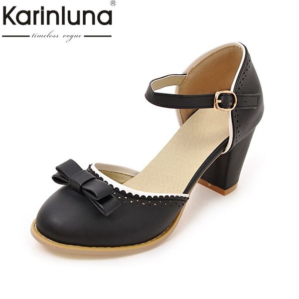 

karin big size 32-43 women pumps mary jane buckle strap leisure chunky heel shoes fashion summer bowtie pumps, Black