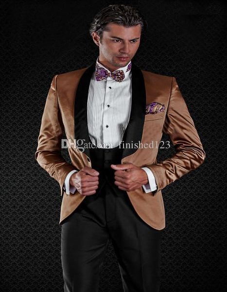 Slim Fit One Button светло-коричневый свадебный жених смокинги Шаль лацкан женихов мужские костюмы выпускной блейзер (куртка+брюки+жилет+галстук) нет: 1955