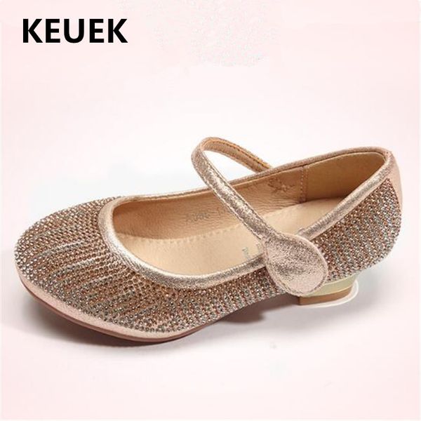 

new children high heels girls leather shoes kids princess moccasins fashion silver golden rhinestones student toddler baby 03, Black;grey