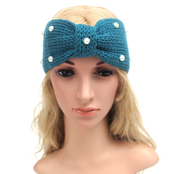 

fashion winter pearls knitted headbands women solid bow knot hairbands female warm turban headwrap headband black blue