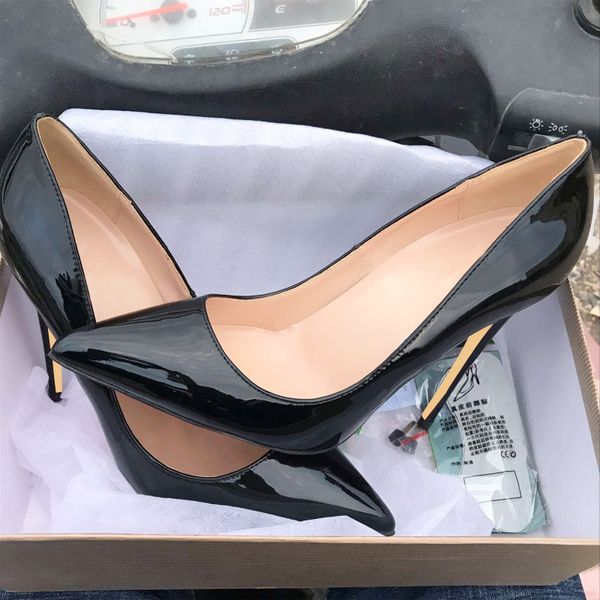

12 cm black lacquered high heel shoes, pointed, shallow-mouthed women's shoes, night single women's fine heels