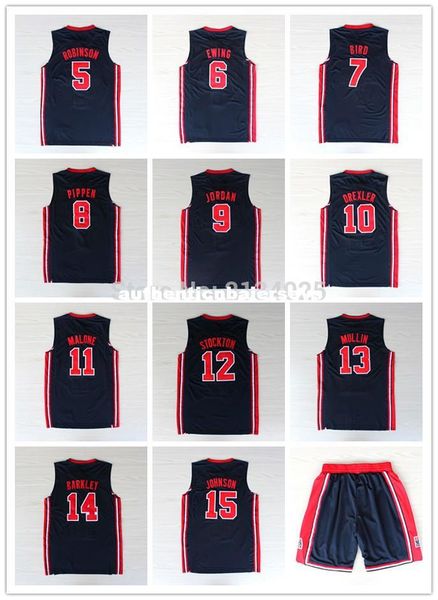 

команда мечты 1992 года джерси 5 дэвид робинсон 6 патрик юинг # 7 ларри берд джонсон пиппен стоктон мэлоун баскетбол трикотажные изделия nca, Black;blue