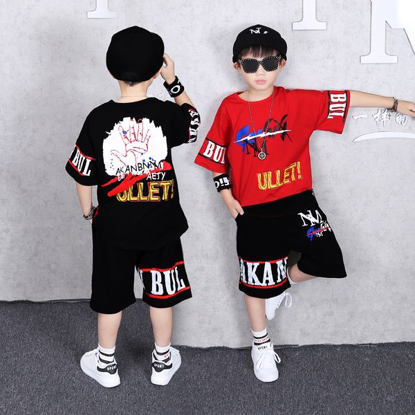 

children's clothing boys summer sports suit new kid hip-hop performance costume fashion round neck t-shirt shorts two-piece, White