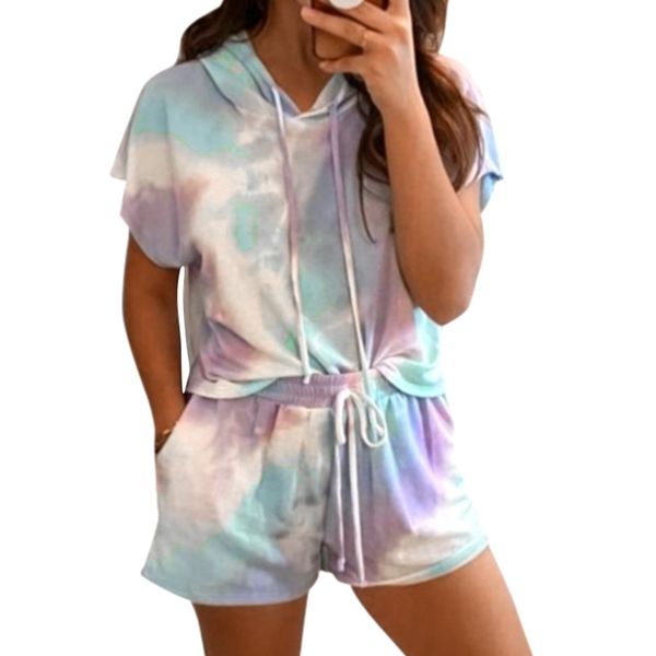 

two piece dress women tie-dye printed fashion home casual shorts suit playsuits, White