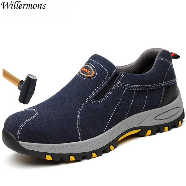 

plus size men's breathable outdoor cow suede leather steel toe work boots shoes men anti-slip puncture proof safety shoes, Black