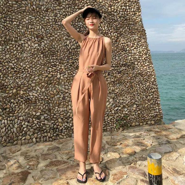 

kymakutu 2018 summer new women two pieces sets casual solid sleeveless halter + drawstring ankle-length pants women suits, White