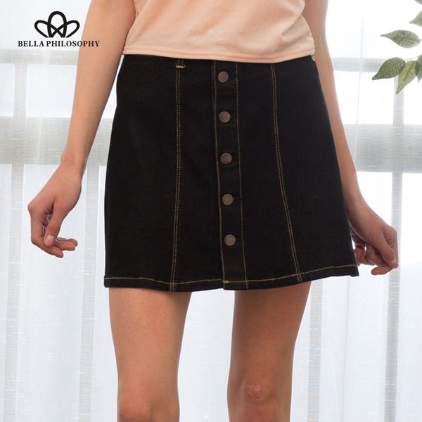 

bella philosophy 2017 spring summer women's single breasted denim skirt highly stretchy light blue navy blue black smoky gray