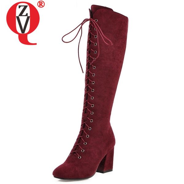 

zvq 2019 winter new fashion flock knee high boots outside high heels round toe cross-tied women shoes drop shipping size 33-45, Black