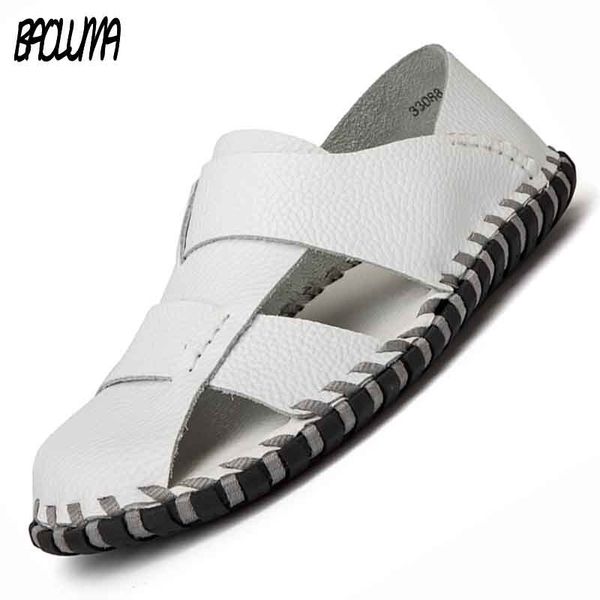 

summer men beach sandals handmade genuine leather men roman sandals shoes soft comfortable men leisure durable shoes t200420, Black