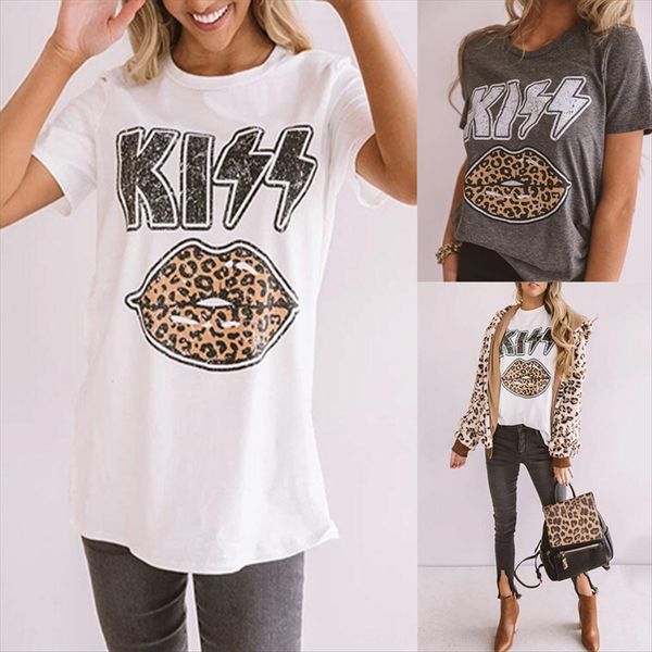 

2020 women's kiss letter printed leopard print lip round neck short sleeve t-shirt 2020 women's kiss letter printed leopard print, White