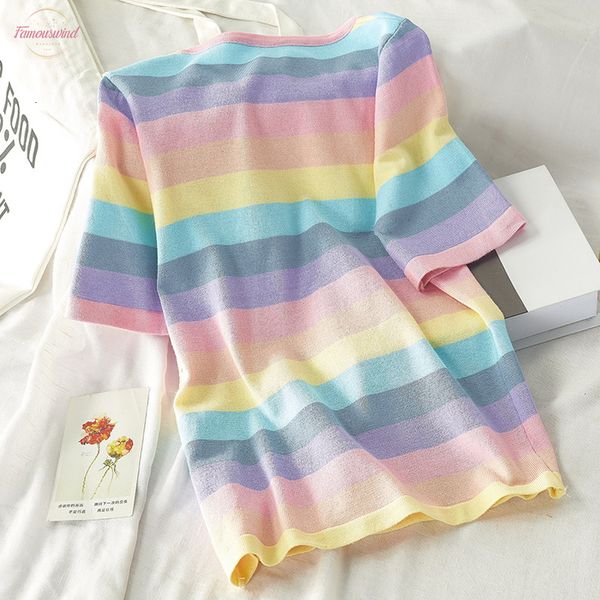 

v neck summer rainbow women t shirt harajuku short sleeve korean punk loose tees femme color o neck t shirts casual, White