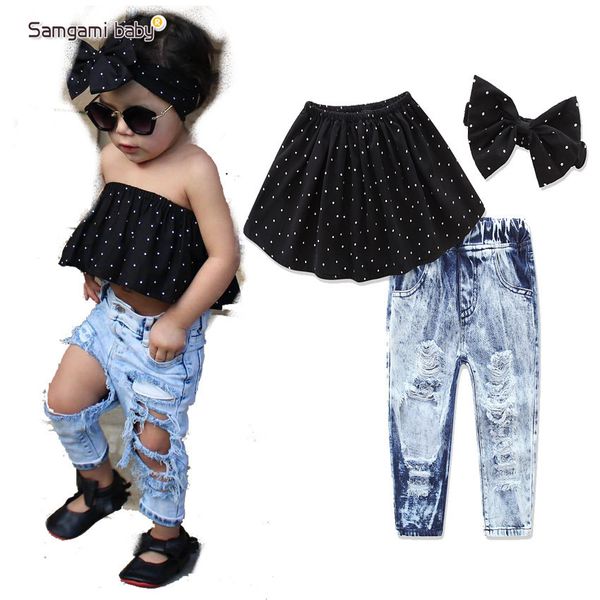 Samgamibaby 2020 Kids Designer desgaste Ins Hot estilo meninas de bolinhas vestido de ombro + jeans rasgados tiara