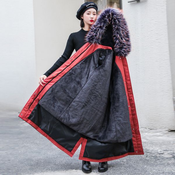 

ewq] 2019 autumn winter new hooded thick lamb fur parka overcoat full sleeve plus size long women cotton-padded coats ql693, Black