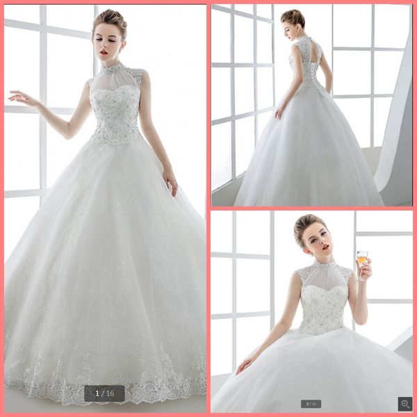

2020 new arrival high neck lace appliques beaded wedding dress sleeveless hollow back corset long bridal gowns fashon bride dress, White