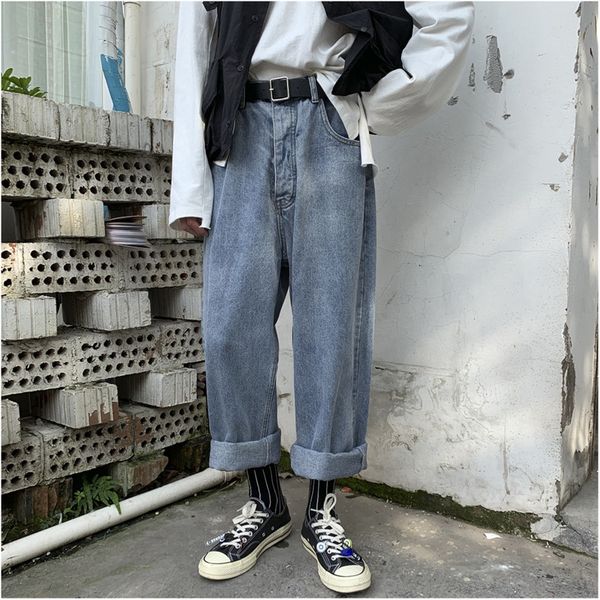

2019 spring and autumn new youth popular fashion casual washed loose wide leg solid color nine points jeans blue -2xl